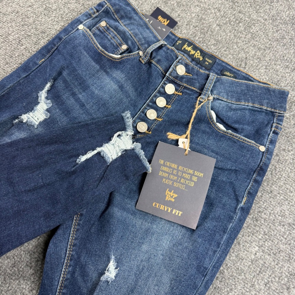Indigo Rein Skinny Jeans 9 Dark Blue Distressed Button Fly Curvy Women